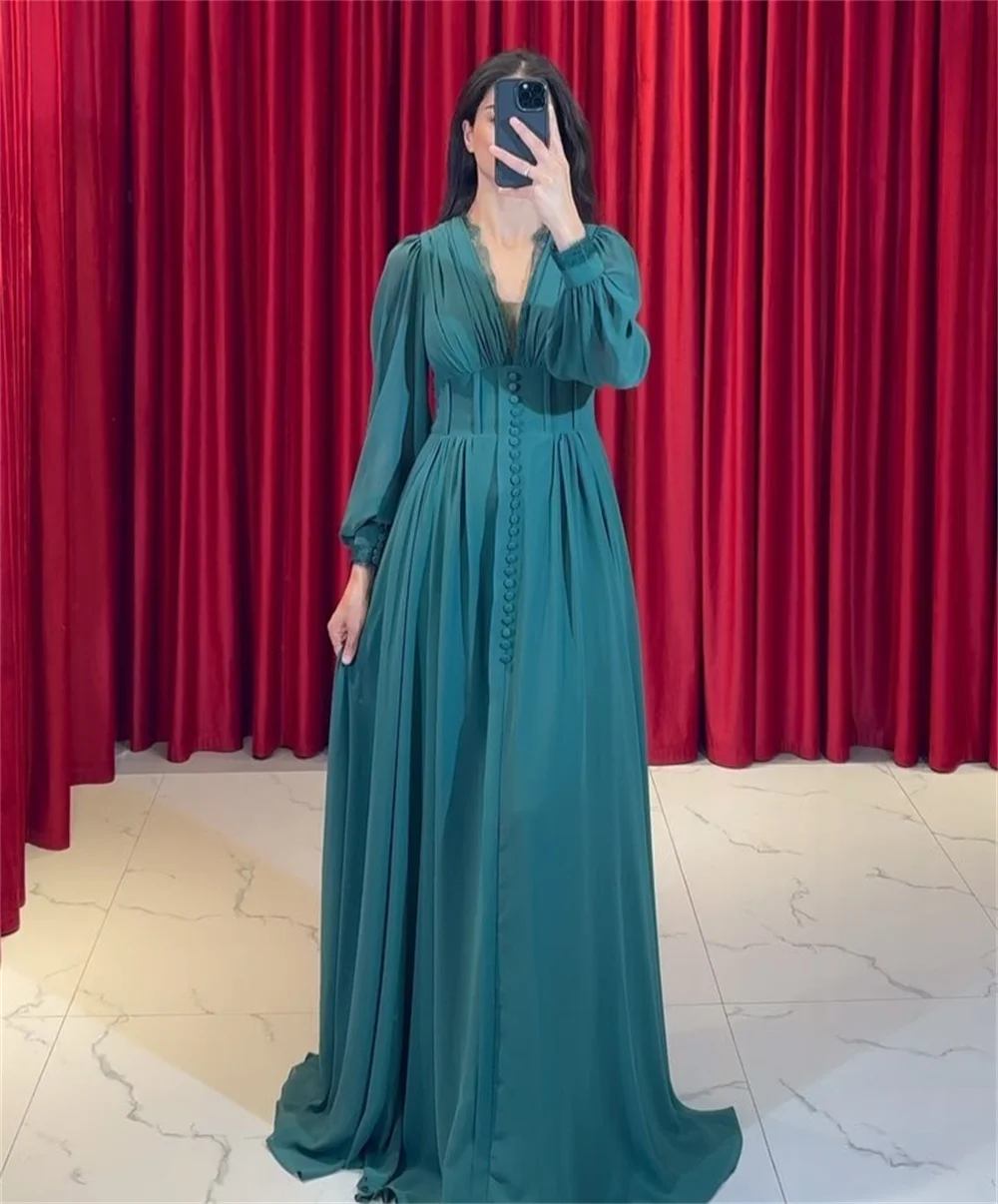 Customized Classic Casual Chiffon Pleat Draped Button A-line V-neck Long Dresses Prom Dresses Sizes Available High Quality Forma