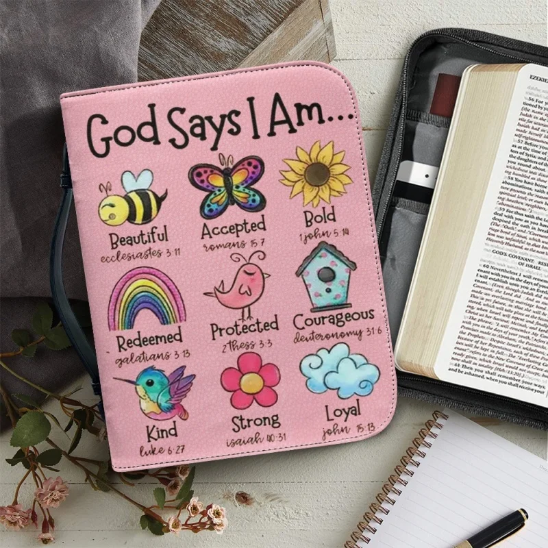 Dios dice que eres lindo, rosa, regalos personalizados, impresión de iglesia, funda de la biblia, bolsos de PU, libro de estudio, cajas de almacenamiento para niños