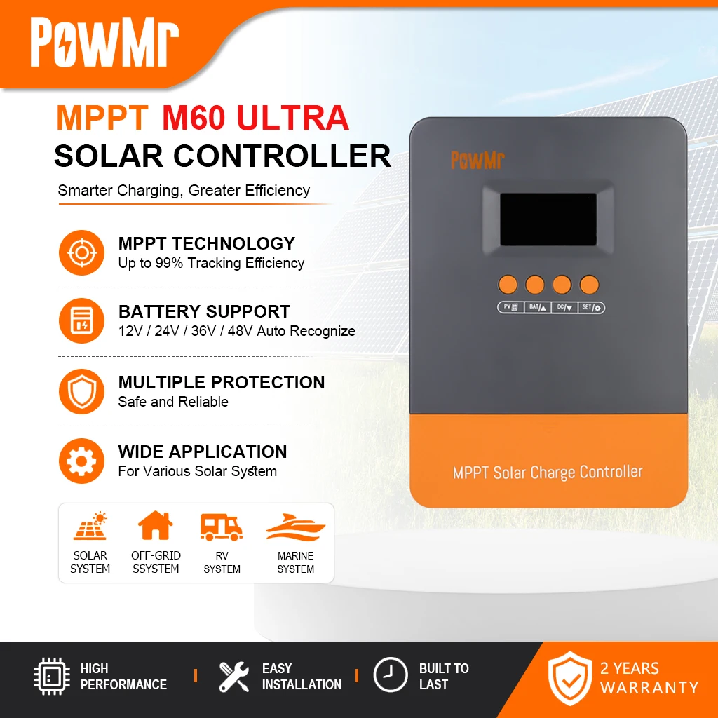 PowMr M60 ULTRA 60A MPPT Solarladeregler 12/24/36/48V Max PV 160V LCD Parallel für Blei- und Lithiumbatterien