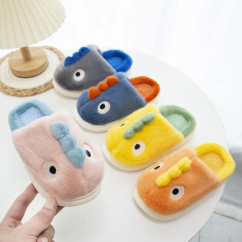 

Winter Children Slippers Dinosaur Adorable Platform Home Kids Sliders Warm Plush Slip-on Unisex Casual Boys Girls Shoes 24-35