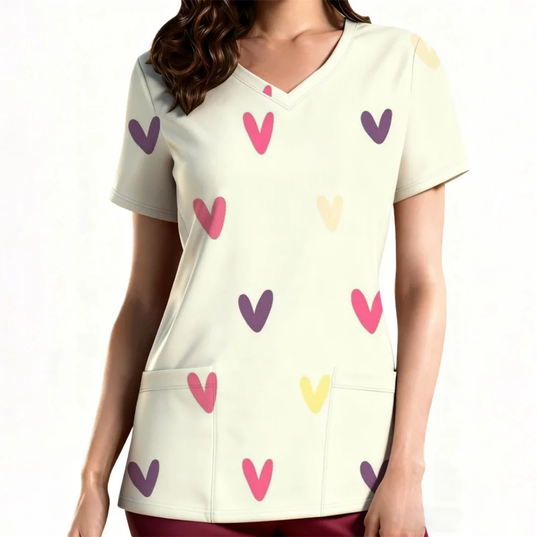 여성용 임상 유니폼 심플 러브 발렌타인 데이 테마 프린트 여성용 간호사 유니폼 루즈하고 편안한 캐주얼 일상 생활