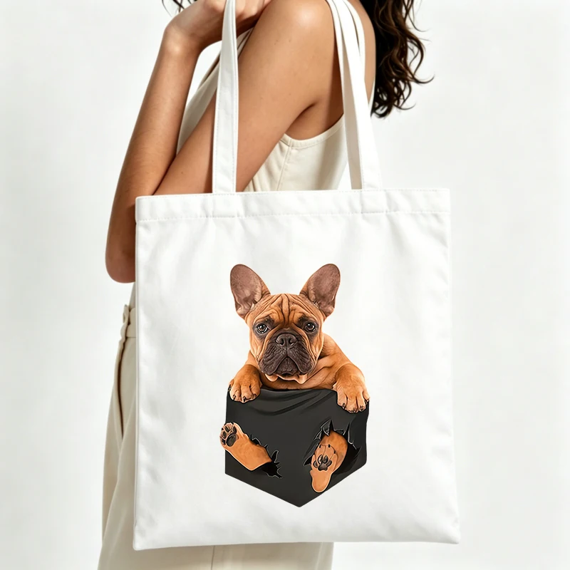 Women's French Bulldog graphic canvas tote bag, casual style for daily shopping and outings