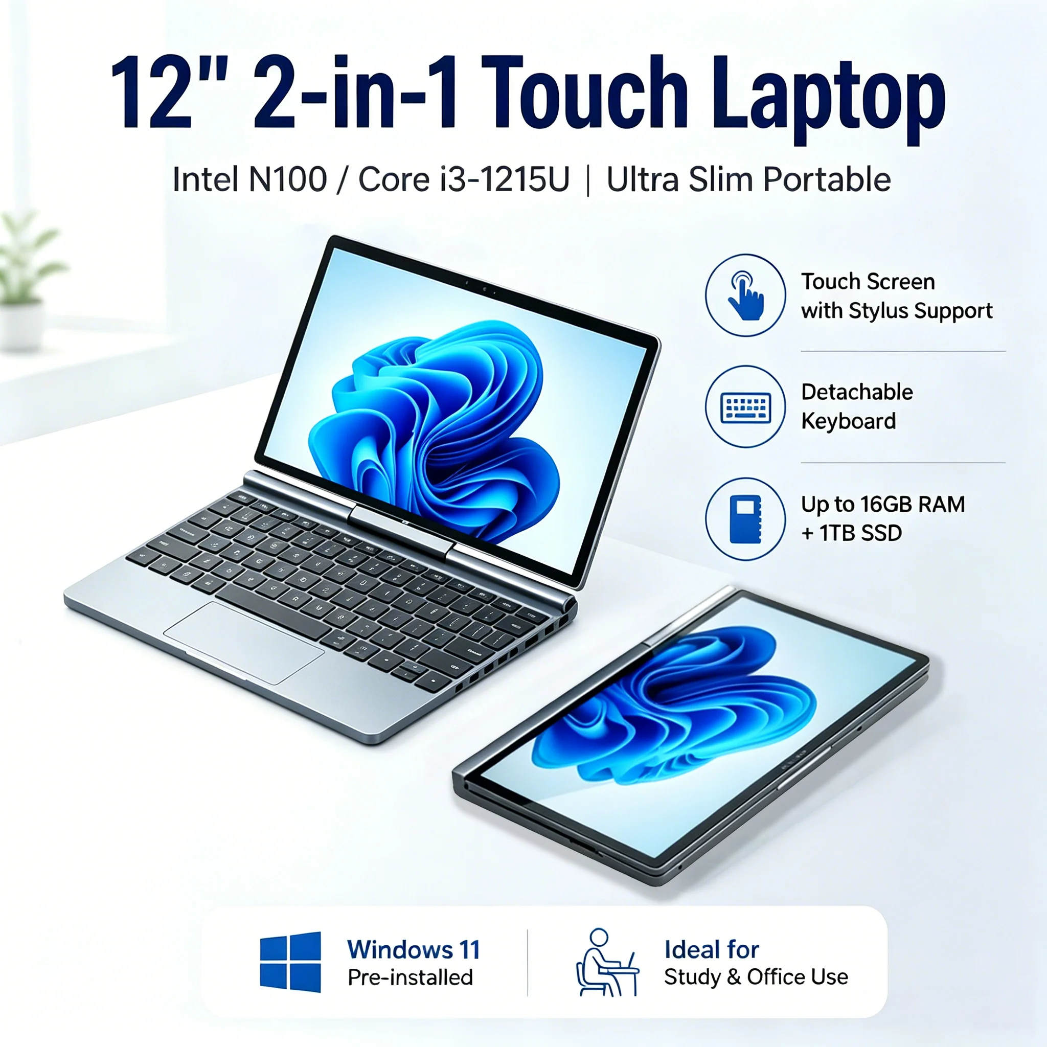 12 Inch 2-in-1 Convertible Touch Screen Laptop Intel N100 Slim Portable Mini Notebook Windows 11 For Student Business Office