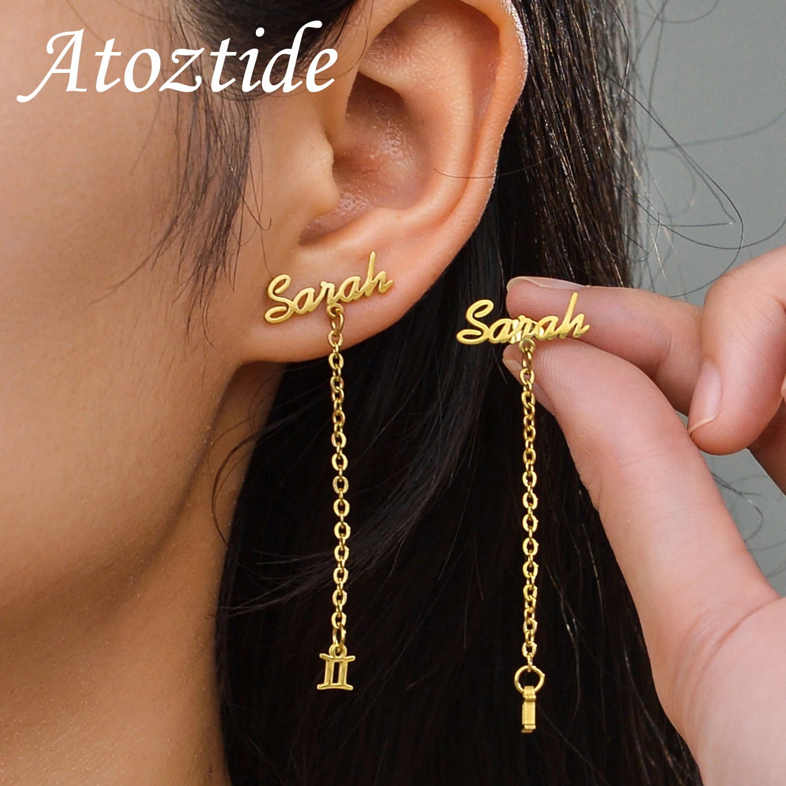 Atoztide-Brincos personalizados com nome personalizado para mulheres, aço inoxidável com corrente, constelação, coração, carta, presente da jóia