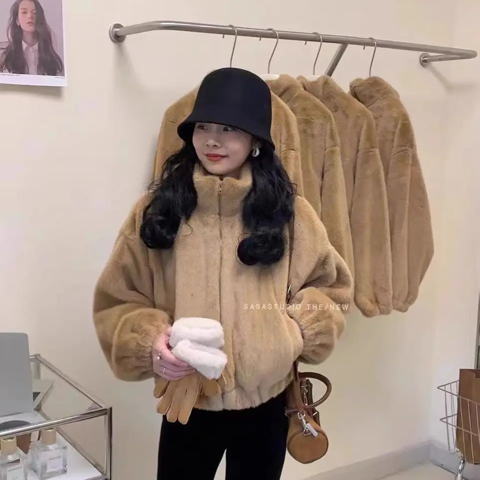 New Women's Faux Fur Coat Stand Collar Full Zipper Short Style Thickened Warm Loose Comfortable Versatile Casual Daily Wear Coat