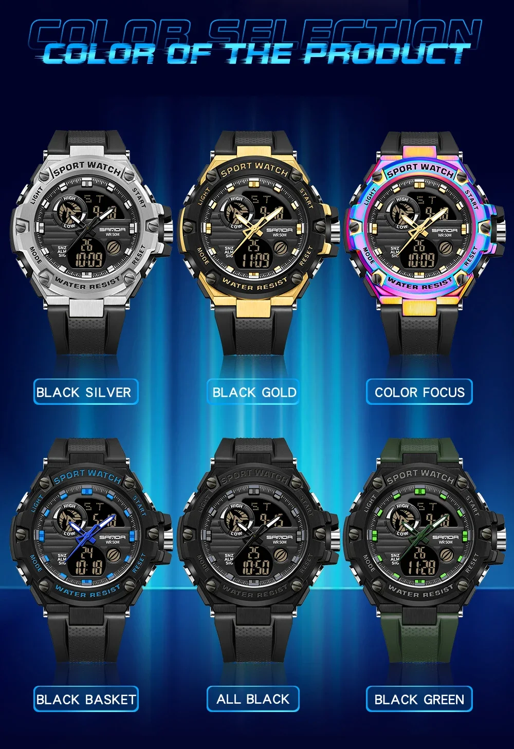 SANDA 3196 Dual Display Watch Mens Watches Top Brand Luxury silverCase Luminous 50M Waterproof Multifunctional Chronograph Watch