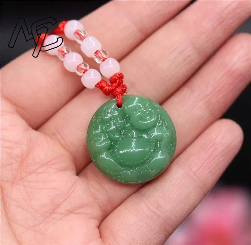 Chinese Green Jade Double faced Laughing Buddha Pendant Necklace Jewellery Hand-Carved Relax Healing Women Man Luck Gifts Amulet