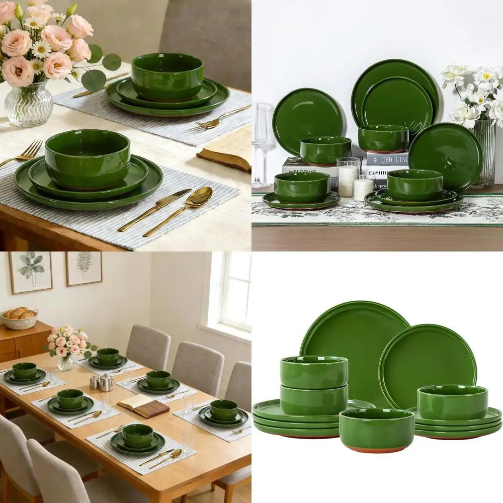 

12-Piece Verdant Green Speckled Stoneware Dinnerware Set - Rustic Terracotta Underside, Microwave & Dishwasher Safe