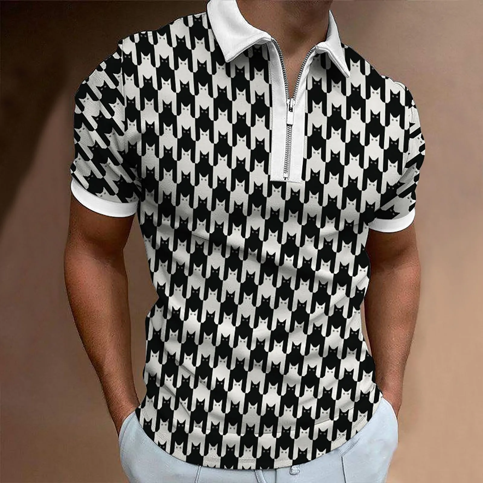 

Short-sleeved Print Summer Houndstooth And Men's Lapel Zipper Spring Top T-shirt Men's Blouse Lapel Zipper Print Men's Blouse T