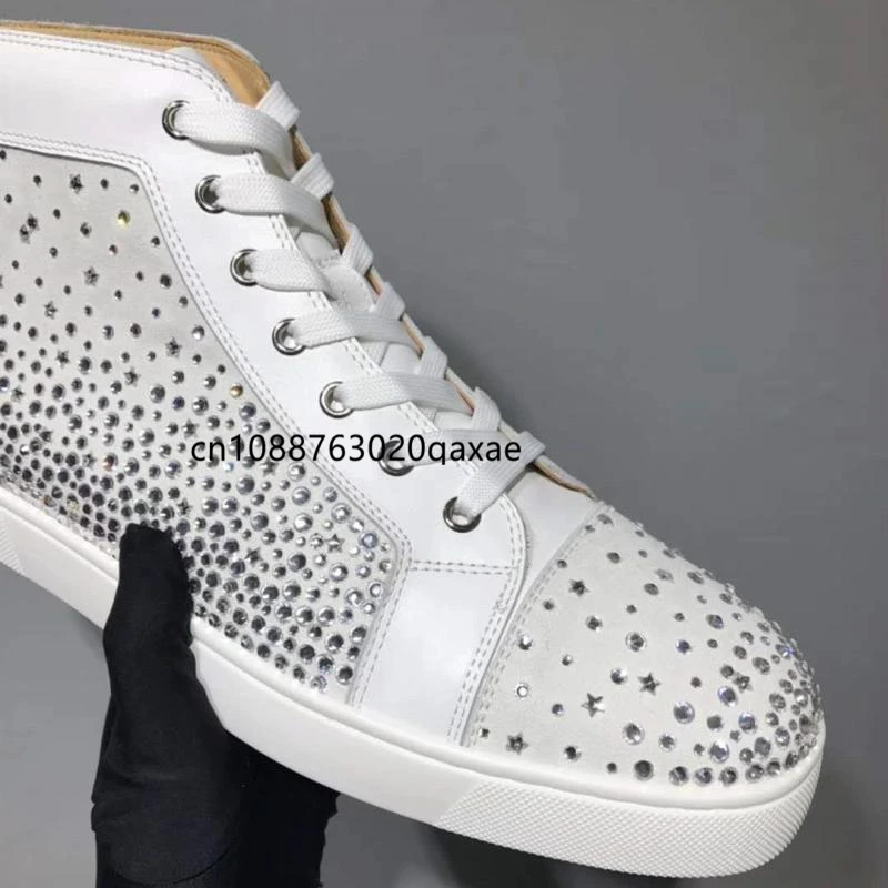 Real leather high top men's shoes, starry sky water diamond shoes, women's casual board shoes, couple's red soled shoes, trendy