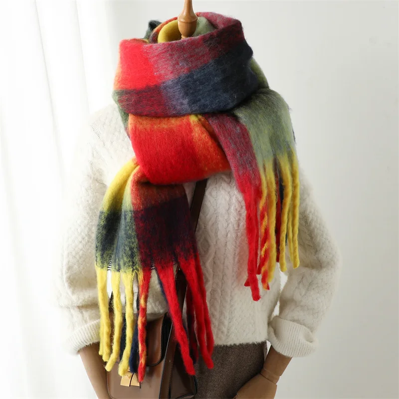 Autumn Winter Luxury Women Scarves 240*38cm Men Thickening Warm Scarf Rainbow Plaid Tassel Shawl Cashmere Imitation Fashion Wrap