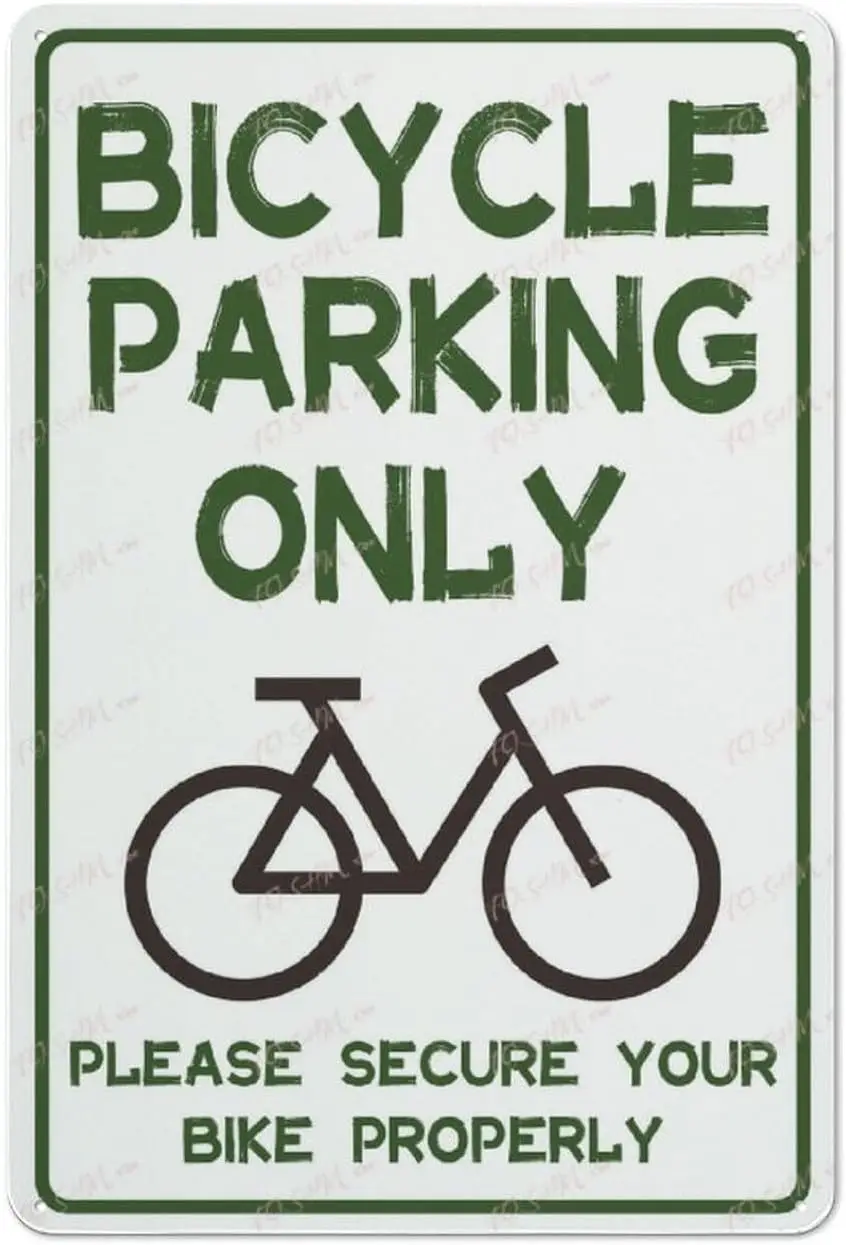 Señal de estaño vintage Bicycle Parking Only con gráfico, por favor, asegurar la bicicleta correctamente alerta, advertencia de precaución, decoración de arte de pared, vinilo público