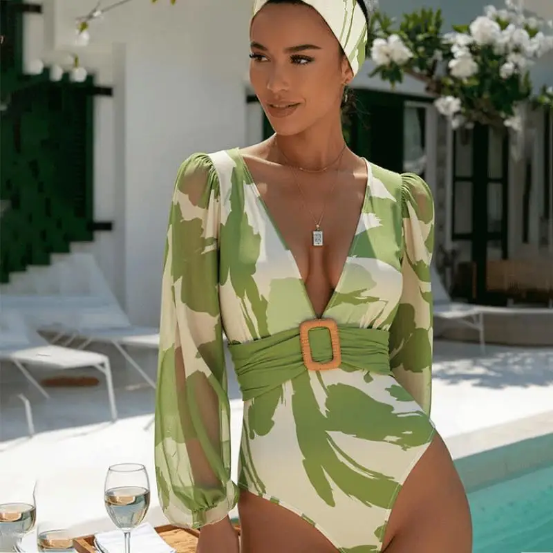 

Flaxmaker 2025 Summer Sexy V Neck Long Sleeve Flower Print One Piece Swimsuit and Pants Women Vintage Printed Swimwear Sets