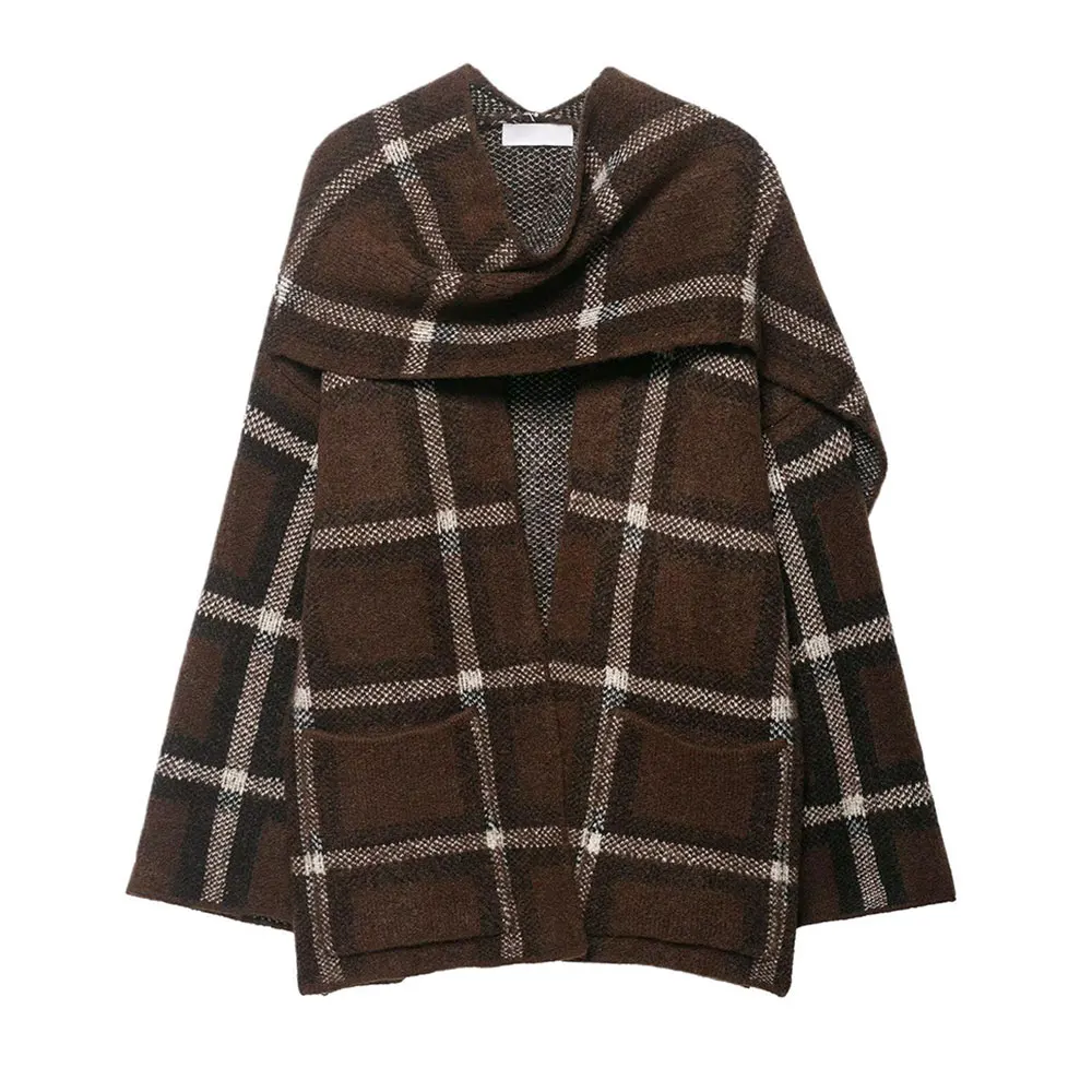 

Осенний новый клетчатый шарф с длинным рукавом, вязаное пальто миди, женская модная верхняя одежда, классический клетчатый принт