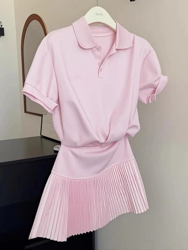 Ensemble deux pièces t-shirt et jupe ort rose doux, jupe trapèze taille haute, vêtements pour femmes, printemps 2025