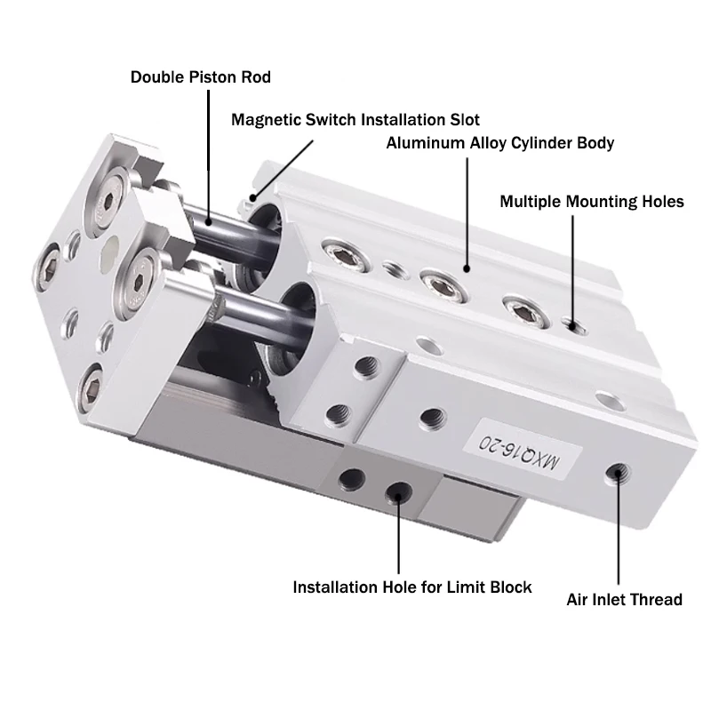 MXQ Series Air Slide Table Dual Rod Rail Slide Air Pneumatic Cylinder 6/8/12/16/20/25mm Bore Cylinders