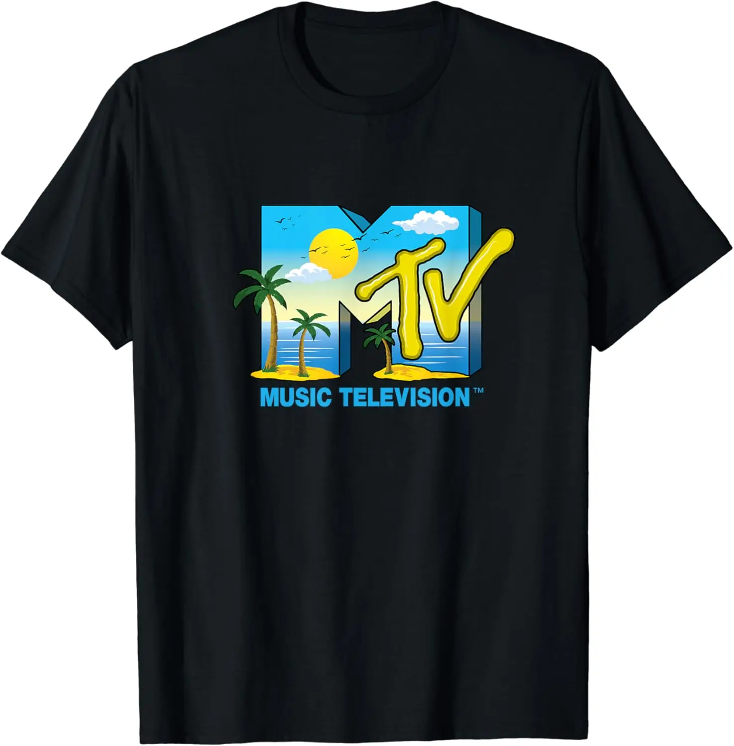 Mademark x MTV - The official MTV Logo with sunny beach sea palms and the sun T-Shirt Men Women Clothes Oversized Cotton Tees