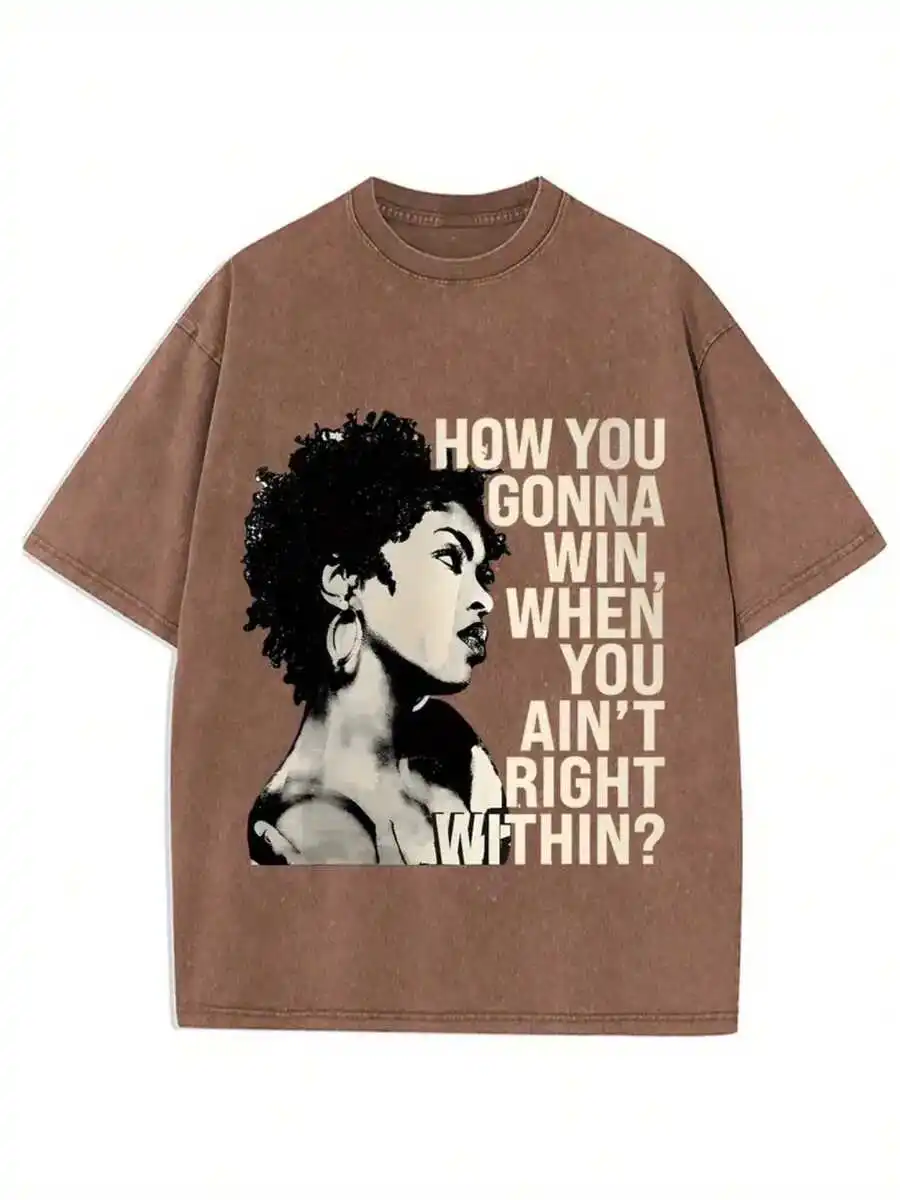 

Vintage Washed Brown Graphic Tee with Bold Text Print, Loose Fit Cotton T-Shirt for Summer Casual Wear