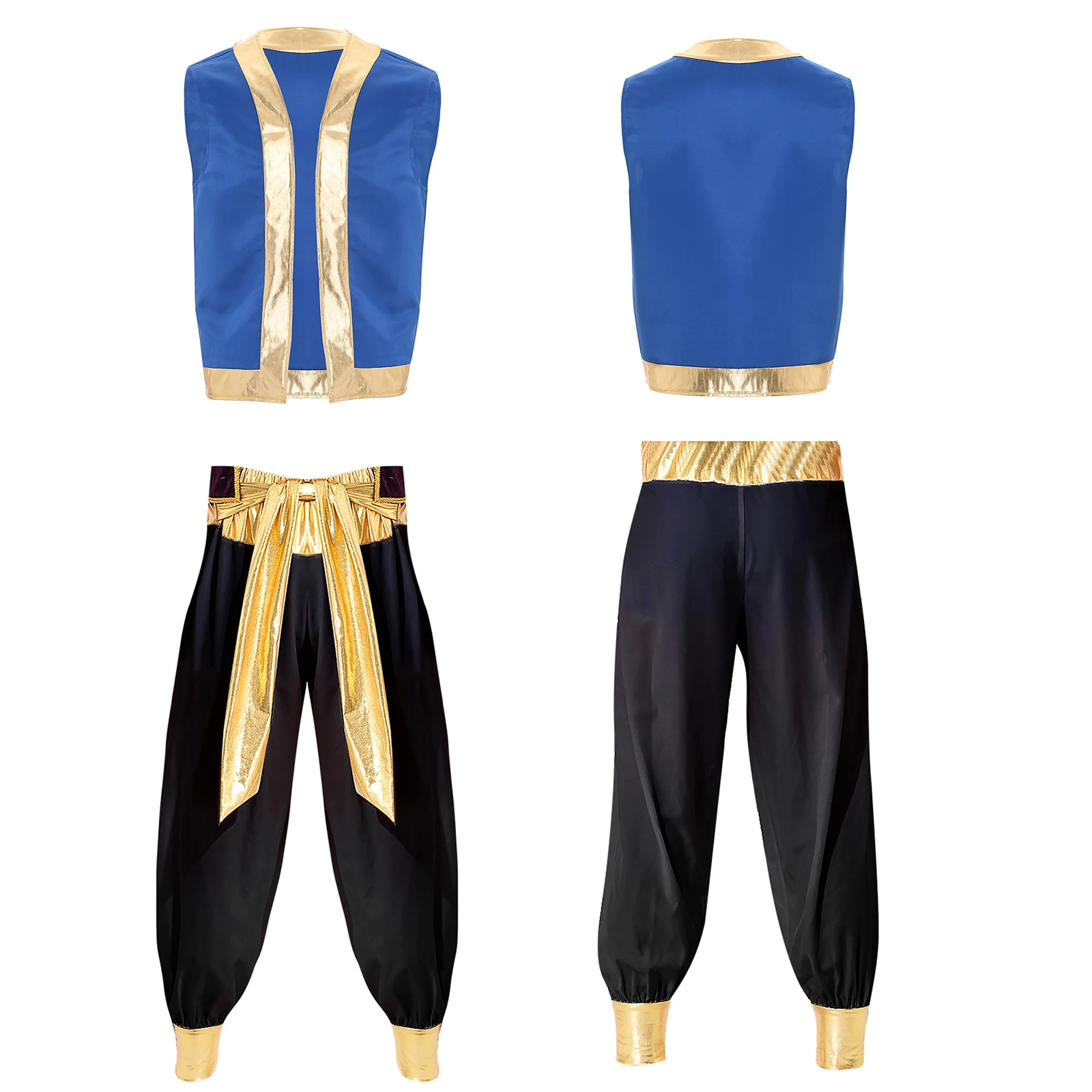 Heren Arabische Prins Aladin Kapitein Cosplay Kostuum Halloween Outfits Metallic Glanzende Trim Open Voorzijde Vest met Lange Broek Met Gordel