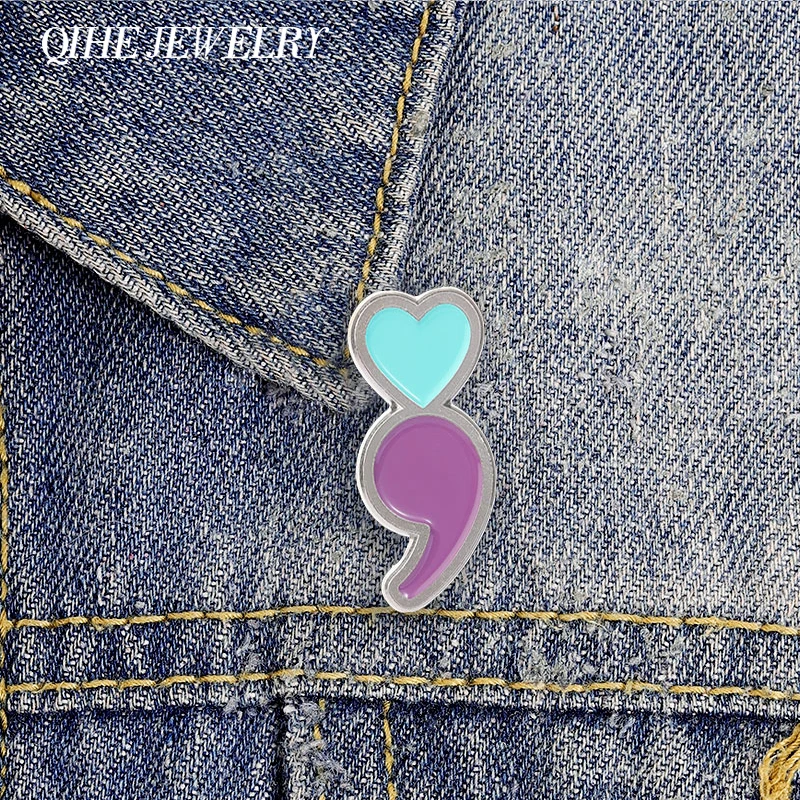Heart Comma Semicolon Inspired Badge Enamel Pins Mental Health Awareness Symbol Metal Brooch Backpack Lapel Badge Jewelry Gifts