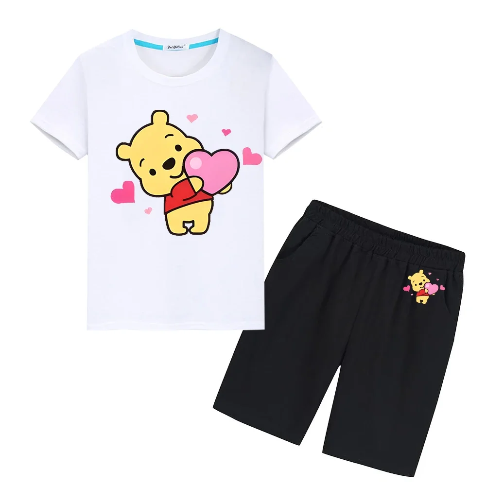 Pooh Bear boys girls Sports Sets Short+pant Kawaii Anime Tshirts Cute Tees Disney Print 100%Cotton T-shirt kids boutique clothes