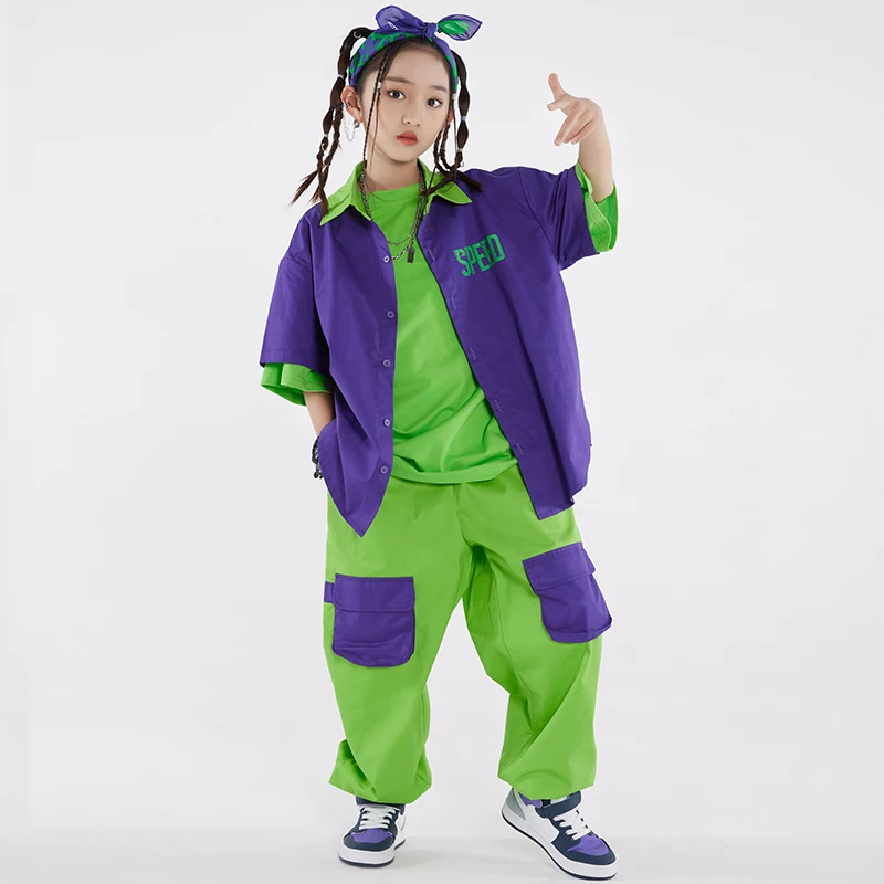 2023 Hip Hop Dance Costume Purple Shirt Coat Green Cargo Pants Girl Boys Jazz Performance Outfit Fashion Kids Clothing BL10632