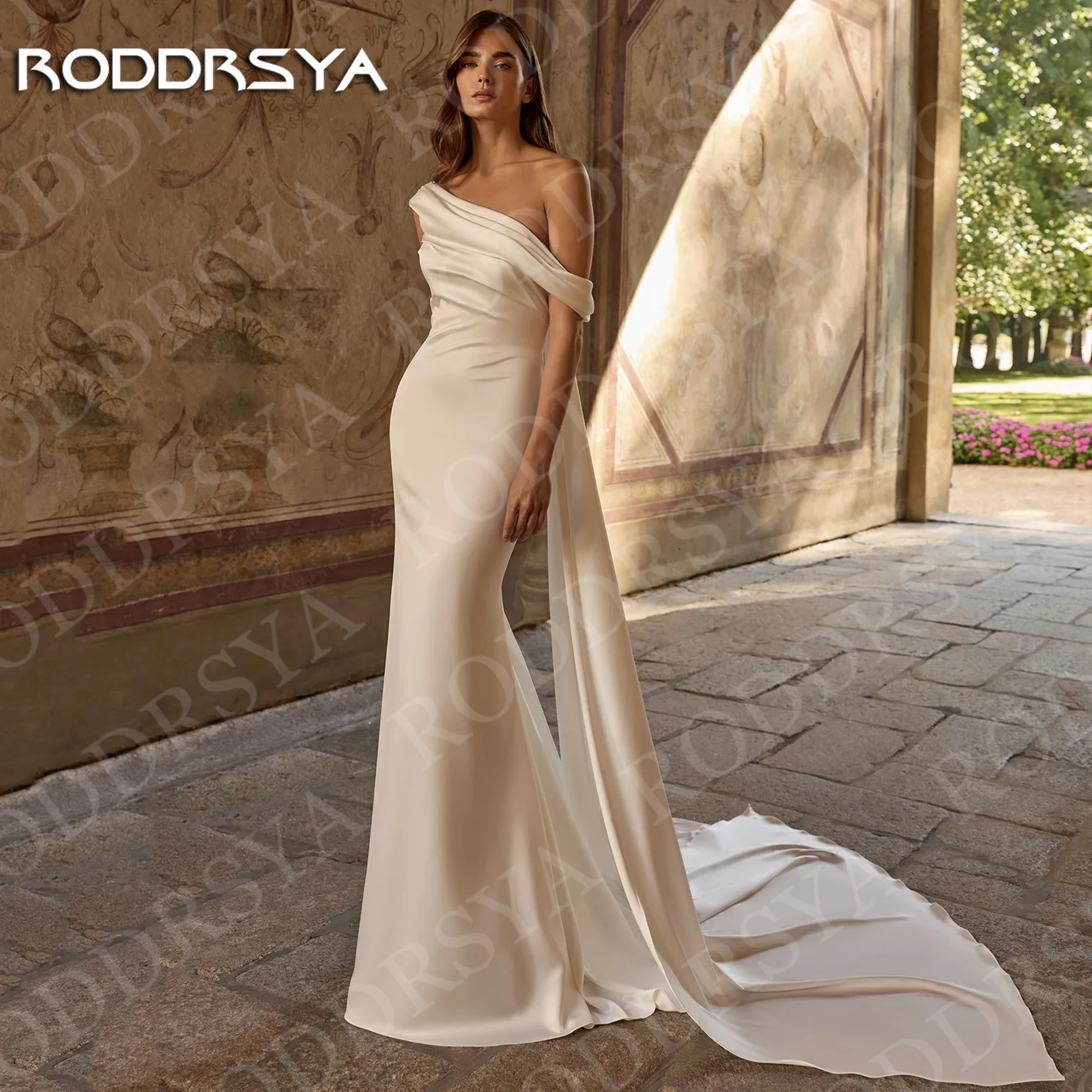 

RODDRSYA Satin Wedding Dress Mermaid Off Shoulder Elegant Beach Bridal Dress Customized Sweep Train vestido de novia boda civil