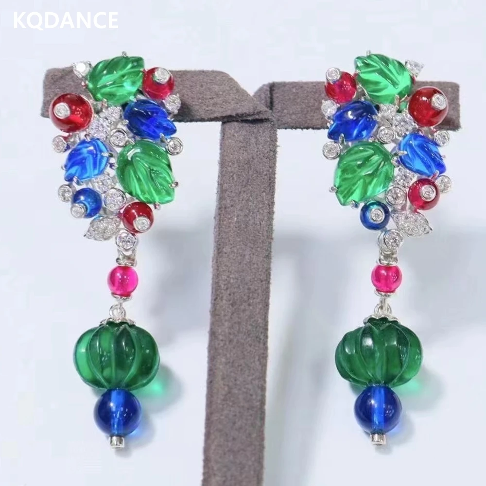 KQDANCE Solid 925 Silver Red Green Blue Engraved Gemstone Colorful Leaf Fruit Style Long Dangle Earrings For Women Fine Jewelry