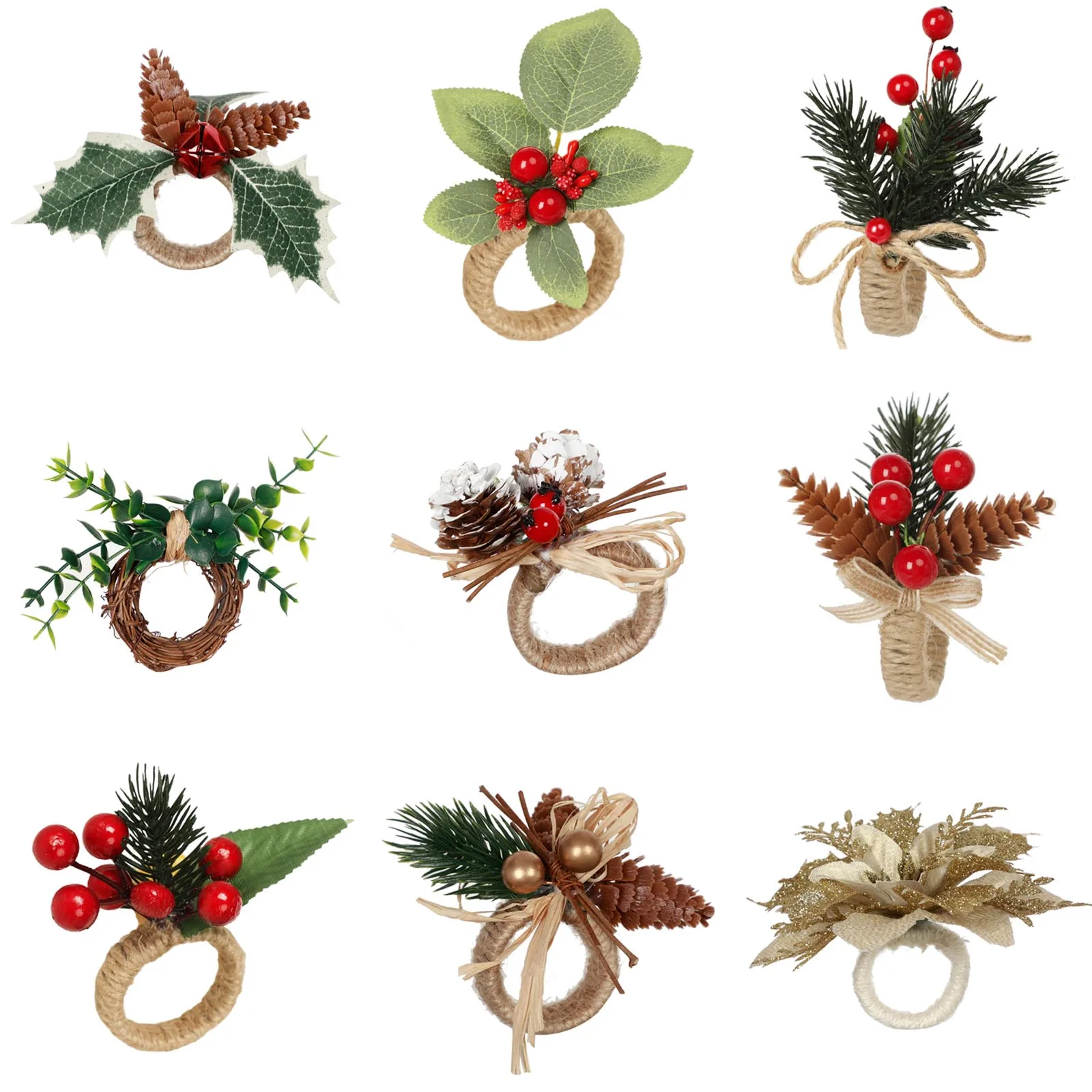 Christmas Napkin Rings Red Flower Towel Buckle Napkin Buckle Natural Jute Napkin Holder Wedding Party Christmas Table Decor