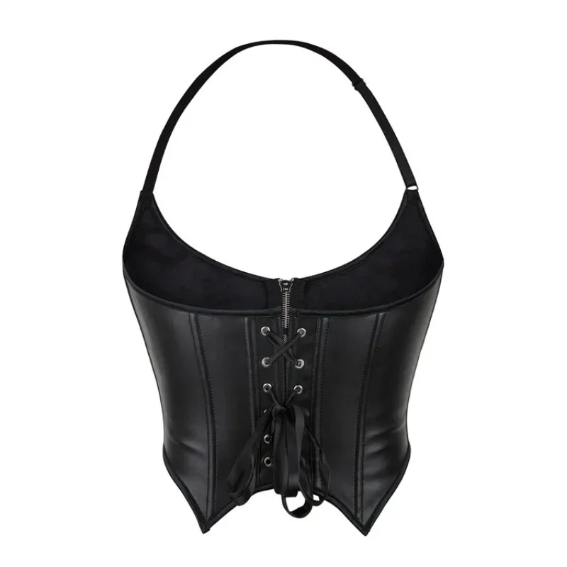 Faux Leather Corset Women Crop Top Zip Women Gothic Steampunk Bustier with Halter Strap Vest