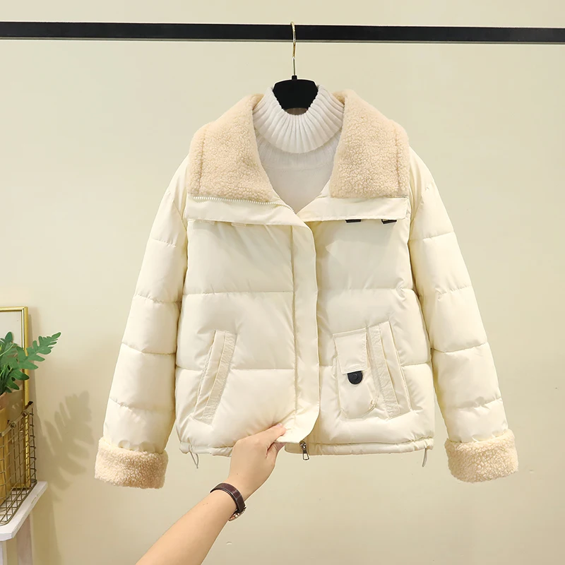 

New Women's Thiened ort down Cotton Jaet Lamb Fur Patchwork Casual Sle Winter Coat Korean Version Loose Fit Zipper