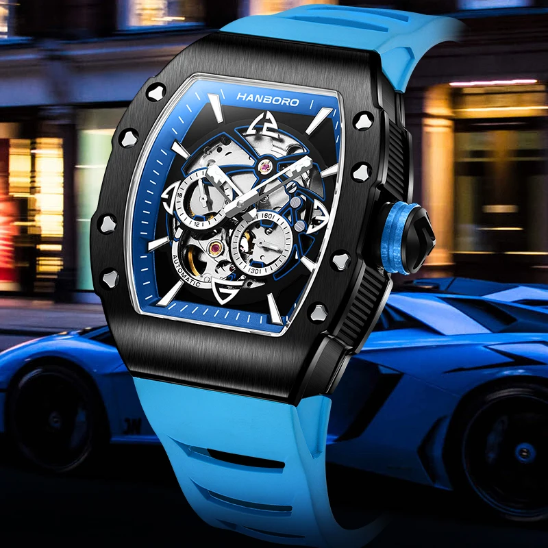 

Luxury Skeleton Automatic Watch Wine Barrel Mechanical Wrist Watches For Men Free Shiping Japan Movement 82S7 Montre Homme