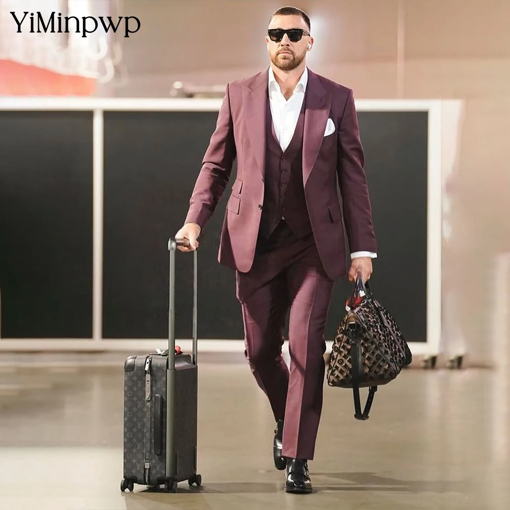 YiMinpwp Rot Herrenanzüge Set Satin Formal Business 3-teiliges spitzes Revers Neue Party Bankett Smoking Anzug Jacke + Hose XS-5XL