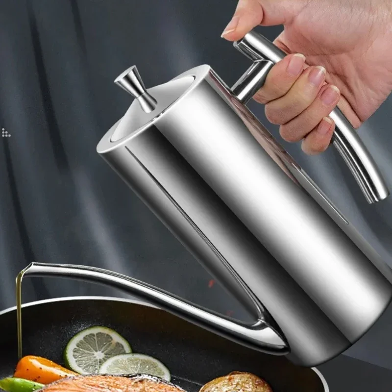 500/700/1000ml 304 Stainless Steel Oil Pot Kitchen Storage Container Dust-Proof Oil Tank Sauce Vinegar No Drip Kitchen Oil Pot