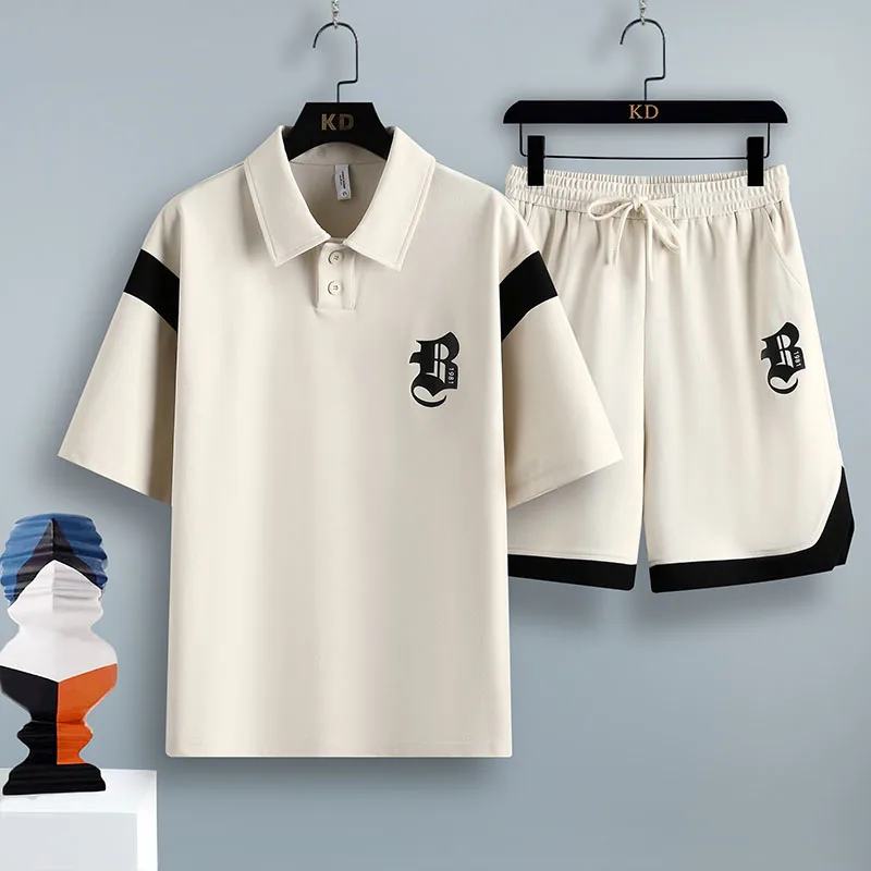 2024 Men's Casual Summer Short Sleeved Color Matching Two-piece Set Of Round Necked Shirt Shorts Two-piece Set Of Men's Sports