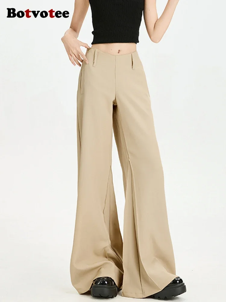Botvotee Pantaloni con taglio a V firmati da donna - Pantaloni a gamba larga con orlo svasato a vita bassa Drappeggio non aderente Autunno Minimalista Streetwear