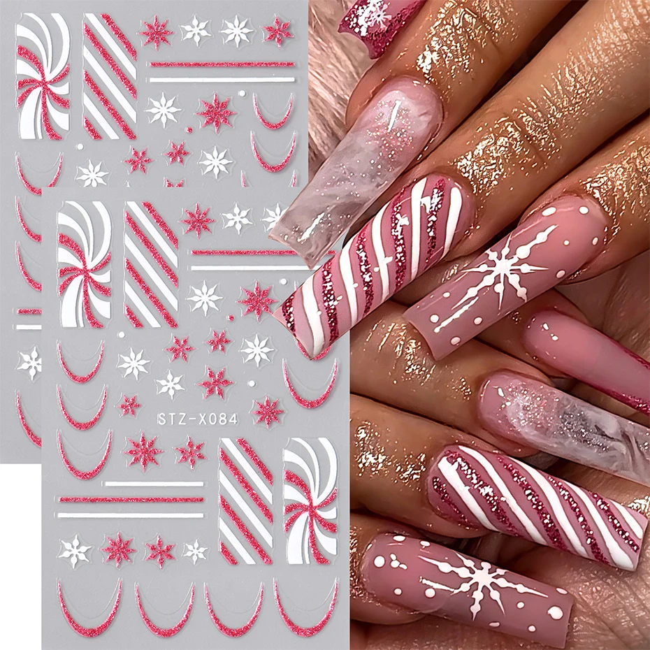 2 Sheets Christmas Nail Stickers, Pink Glitter Candy Cane Snowflake Nail Art Decals, Winter Holiday Nail Decorations Manicure