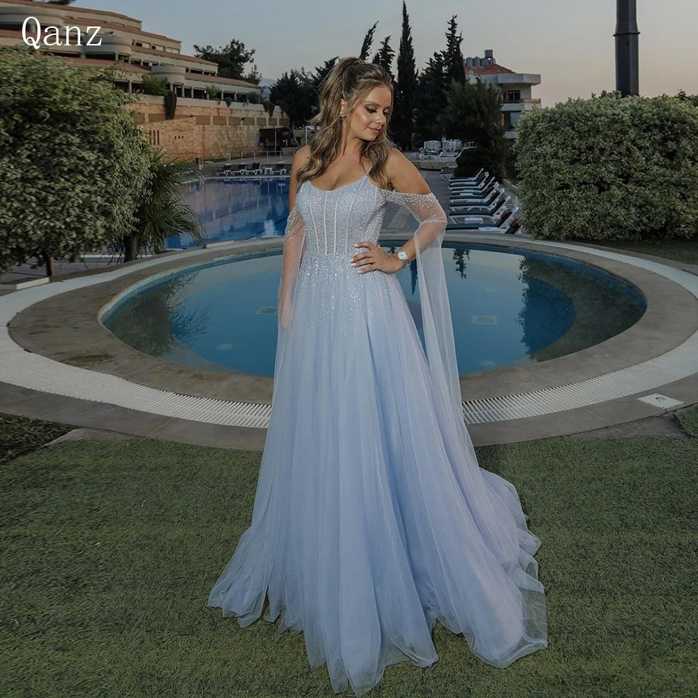 

Qanz Elegant Tulle Prom Dresses Long A Line Sky Blue Sequined Sparkle Glitter Party Dress Women Elegant Luxury Evening Dresses