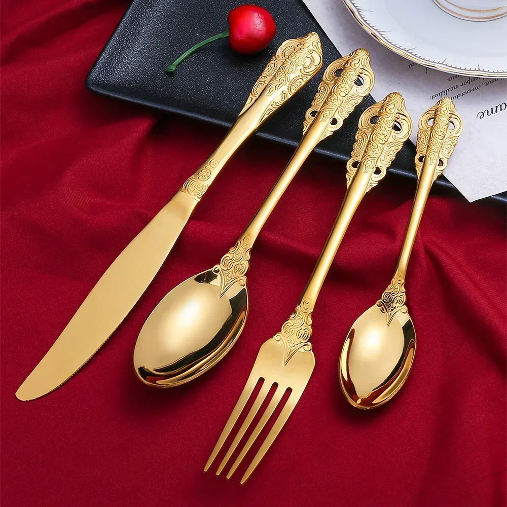 Luxury Spoon and Fork Set Stainless Steel Gold Cutlery Set Food Grade Upscale Royal Tableware European Steak Knife Kitchen Items