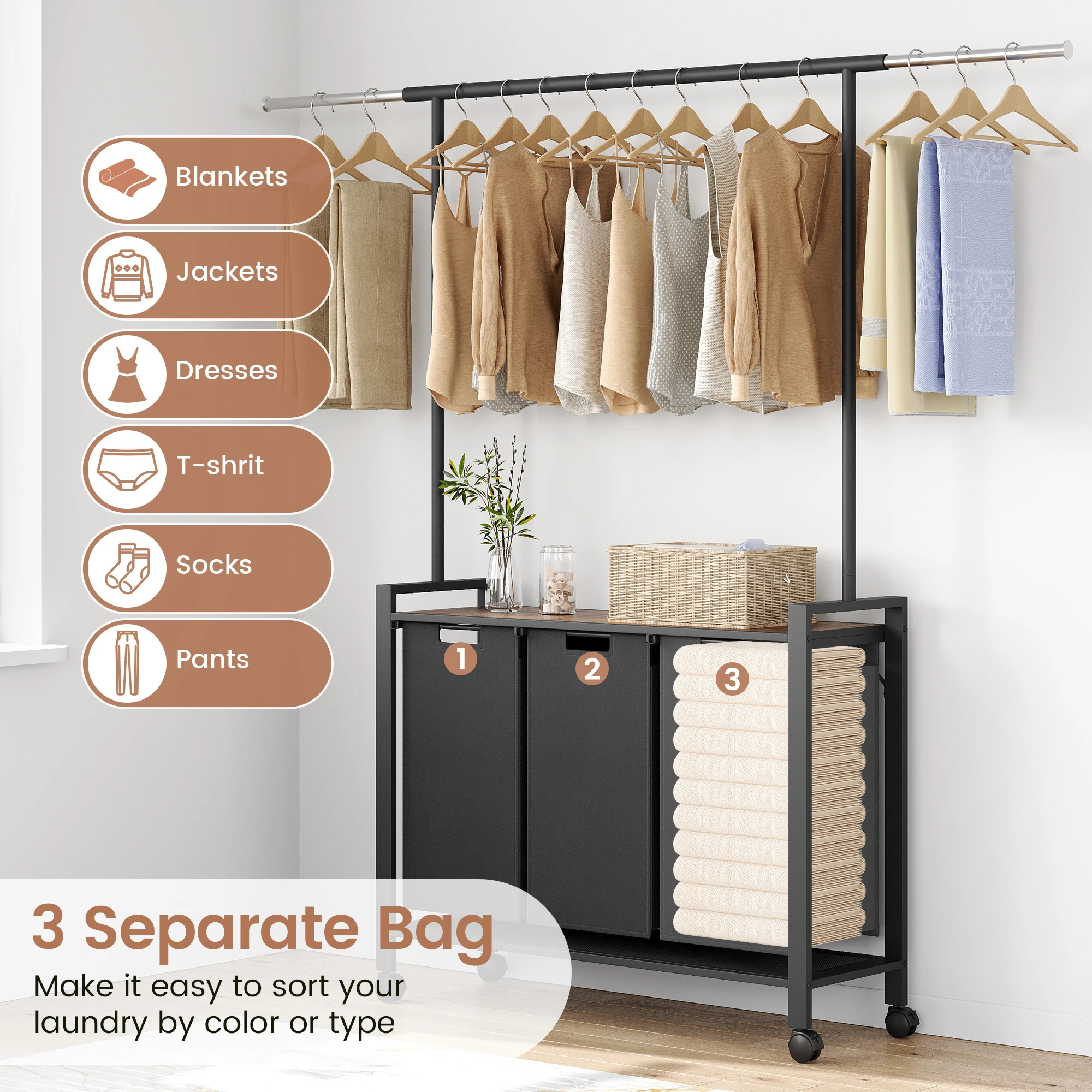 2/3 Section Laundry Hamper Sorter with Clothes Hanging Rod and Wooden Storage Shelf 2/3 X 13gal Laundry Basket Organizer