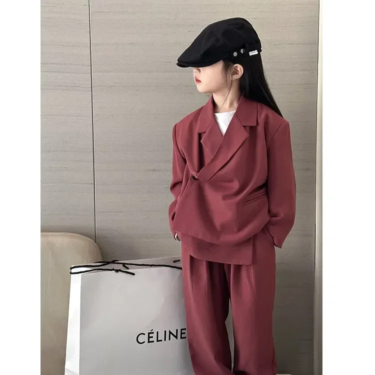 Kid Suit 2023 New Autumn Korean Fashion Style Slash Placket Personality Asymmetry Suit Children Clothes