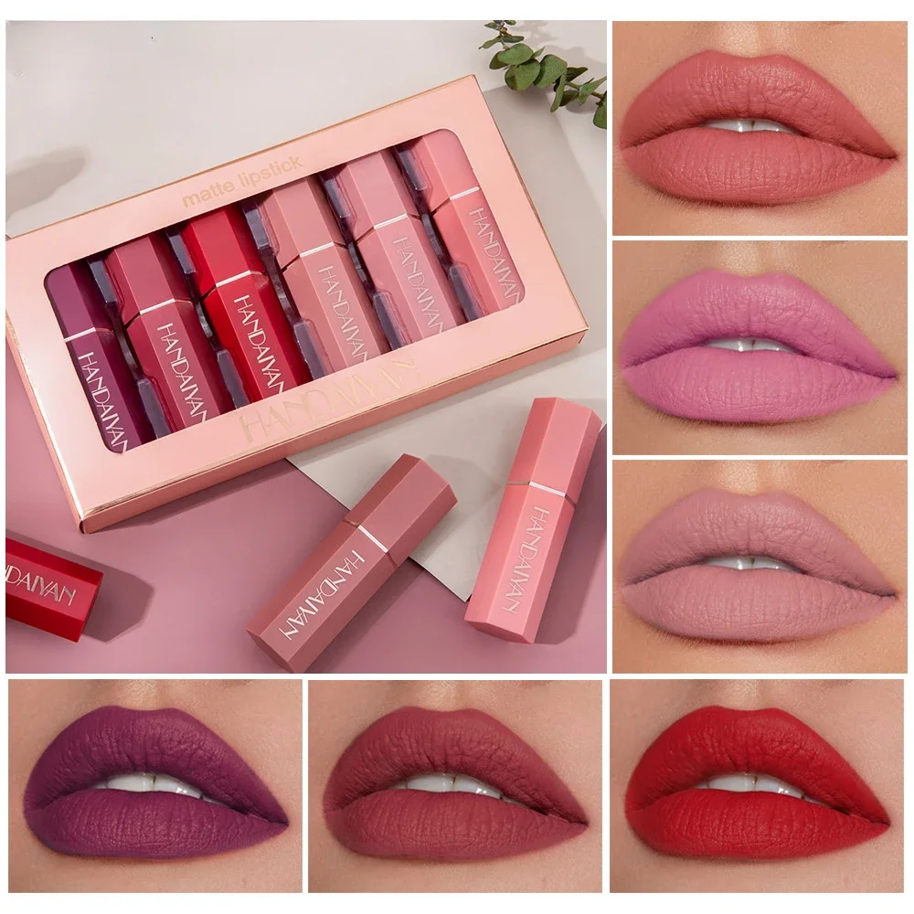 6 farben Matte Samt Lippenstift Set Nicht-Färben Langlebig Rot Lippenstift Box Sechseckigen Frauen Make-Up Geschenk Wasserdicht Matte lippenstift