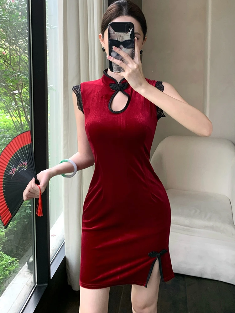Vrouwen rood fluwelen patchwork kanten mini-jurk herfst elegante bodycon heupomslag sexy jurk 2025, Koreaanse vintage luxe festivaljurk