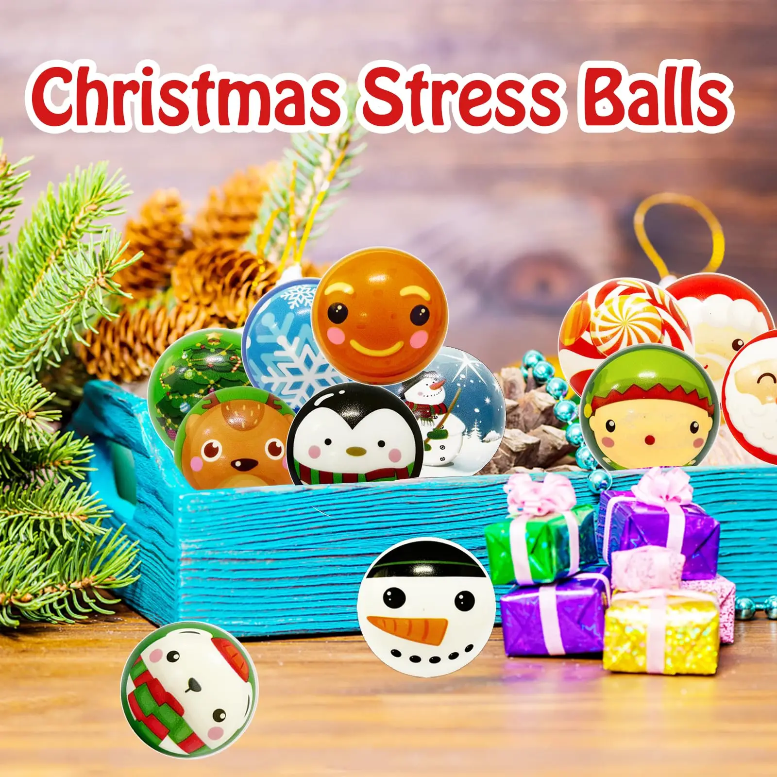 12個のクリスマスストレスボール、フォームクリスマススクイーズボール、クリスマスパーティーの記念品、靴下の詰め物ギフト用のストレス解消おもちゃ