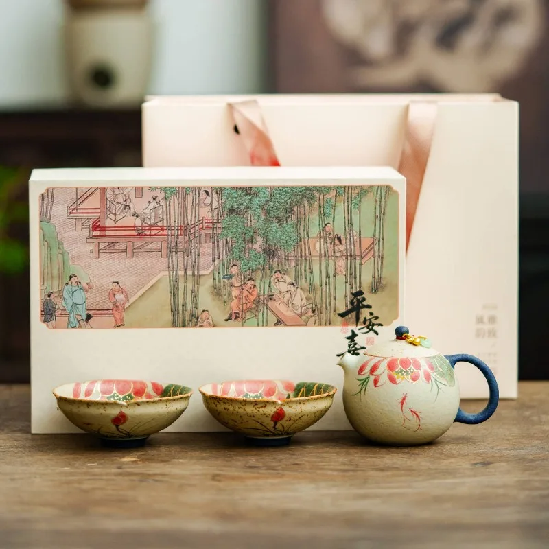 Blue and white flint red ceramic teacup tea set gift box hand-painted koi play lotus high-end gift birthday gift