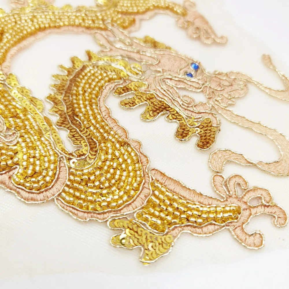 Beaded Gold Dragon Applique Sequin Embroidery Patch Chinese Applique Patches For Clothing 3D Appliques Parches Sew On AC1615