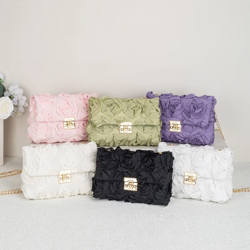 3D Rose Floral Satin Evening Bag with Gold Clasp Detachable Chain Strap Flap Closure Crossbody Purse for Wedding Party Prom