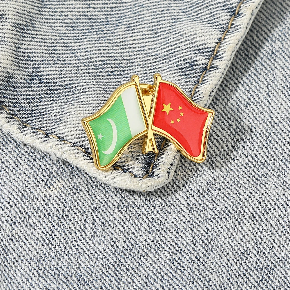 New China And Pakistan Flag Pins Friendship Golden Brooches