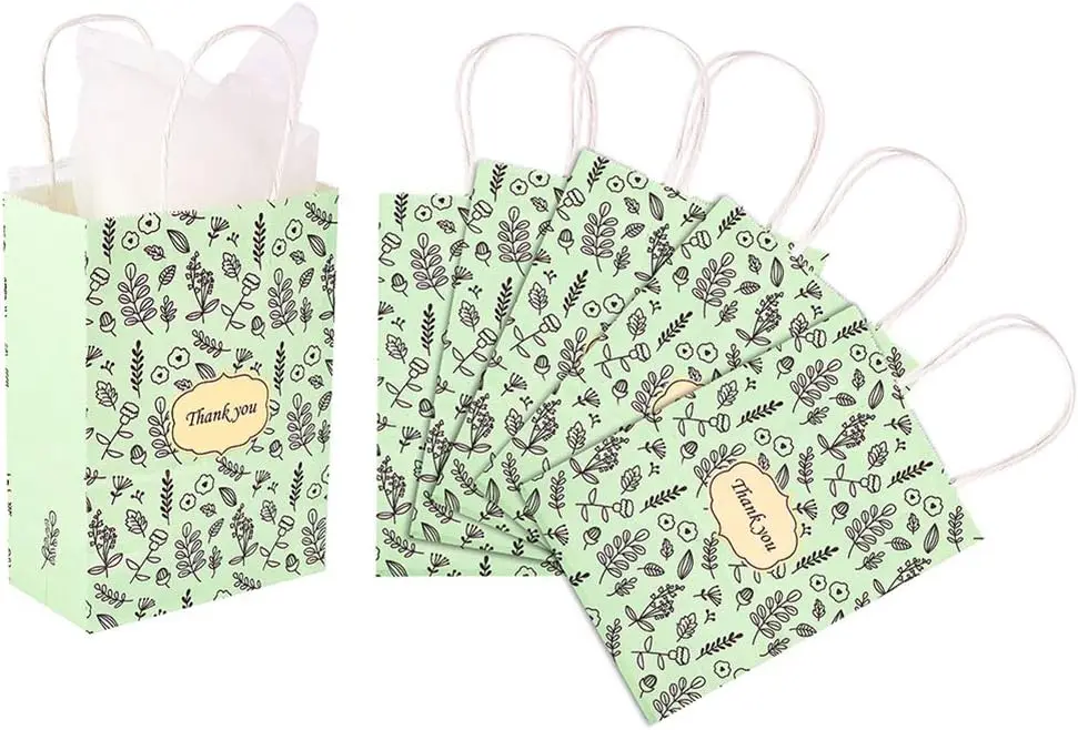 

10 Pack Thank You Gift Bags with Handles 5.9 x 8.2 x 3.9 Small Party Favor Bags Green Kraft Paper Bags for Thanksgiving Day
