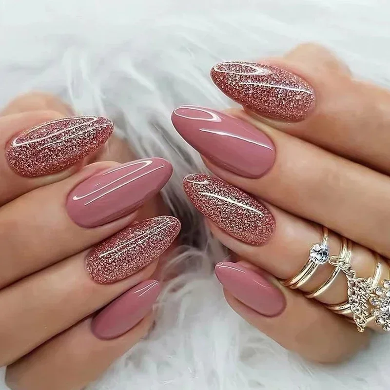 24 Teile/satz Bohnenpaste Rote Mandel Drücken Sie auf Nägel Pop Glitter Acryl Künstliche Nägel Zimt Nude Abnehmbare Tragbare Falsche Nägel Kunst